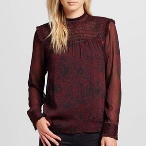 Who What Wear Black and Merlot Sheer Long Sleeve Mock Neck Blouse XS